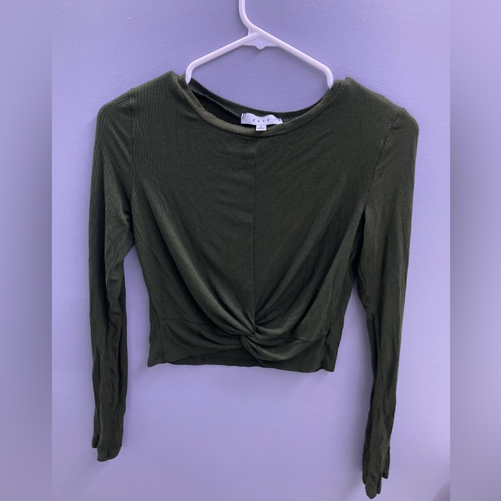 Gaze Long Sleeve Olive Green Knotted Crop Top (Size Medium)